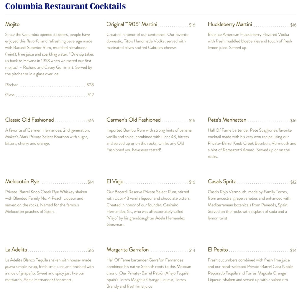 Columbia Restaurant Clearwater, FL Menu